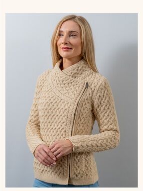 Aran Crafts Cream Cable-Knit Asymmetric Zip Cardigan